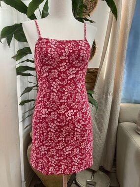American Eagle Outfitters Red Floral Spaghetti-Strap Mini Dress